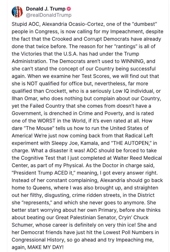 Screenshot of a Truth Social post from Donald J. Trump in June 2025, where he insults Alexandria Ocasio-Cortez, Ilhan Omar, and others
