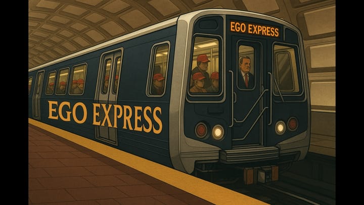 Satirical subway train labeled “Ego Express” mocking GOP proposal to rename DC Metro “Trump Train” under Florida Congressman Greg Steube’s WMAGA Act.