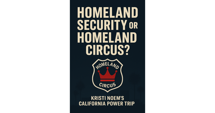 Graphic reads “Homeland Security or Homeland Circus? Kristi Noem’s California Power Trip” with a red crown inside a parody DHS badge.
