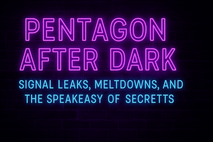 Neon sign reading “Pentagon After Dark: Signal Leaks, Meltdowns, and the Speakeasy of Secrets” glowing on a dark brick wall background