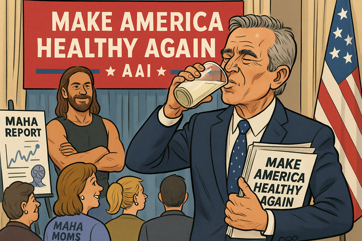 Satirical cartoon of RFK Jr. drinking raw milk at a MAHA event with wellness influencers and the “Make America Healthy Again” banner behind him.