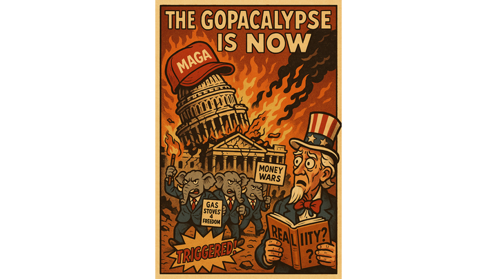 Satirical cartoon of the U.S. Capitol on fire under a MAGA hat, with angry GOP elephants holding protest signs, and Uncle Sam reading a confused book titled “Reality?”