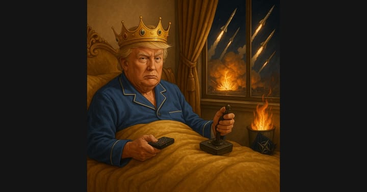President Trump lounging in a royal bed as bombs drop outside.