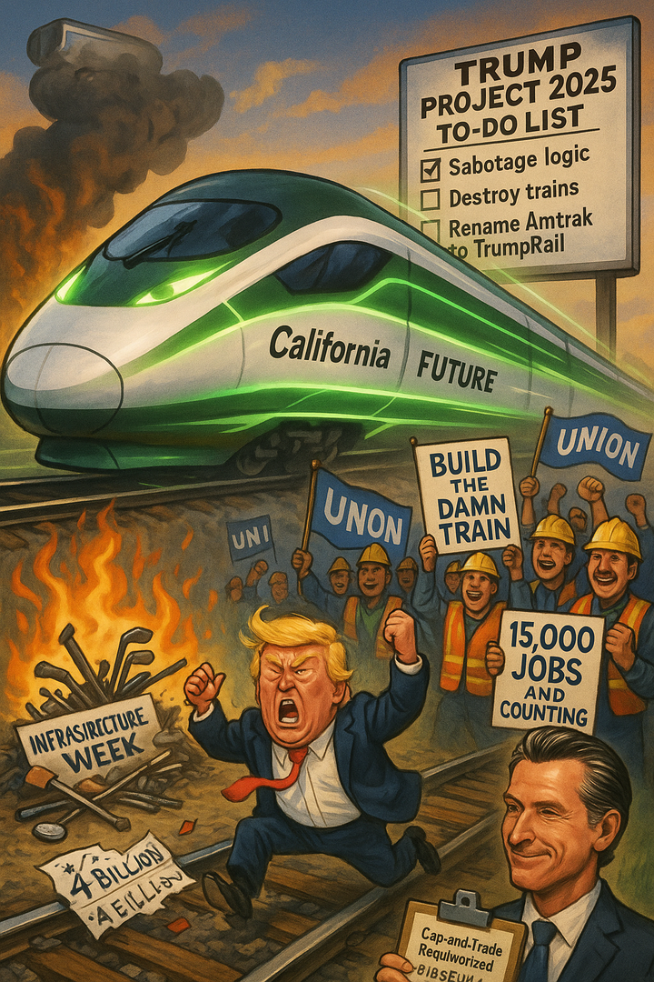 Trump throws a tantrum on train tracks as California’s high-speed rail speeds by, cheered on by union workers. Newsom holds cap-and-trade funding while Infrastructure Week burns.