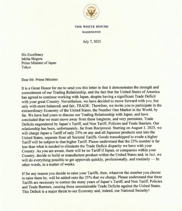 Image of an official White House letter dated July 7, 2025, from President Donald Trump to Japan’s Prime Minister, filled with erratic grammar, random capitalizations