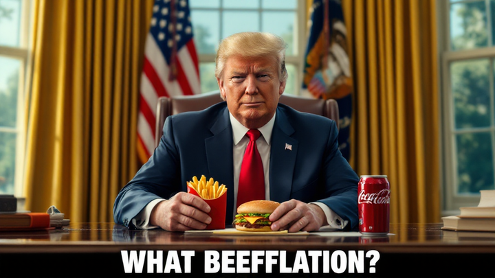 Beef price inflation 2025 satire — steak price label and dollar bills