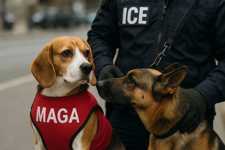 Beagle wearing a red MAGA vest being sniffed by a German Shepherd while an ICE officer stands behind them, satirizing U.S. Border Patrol practices.