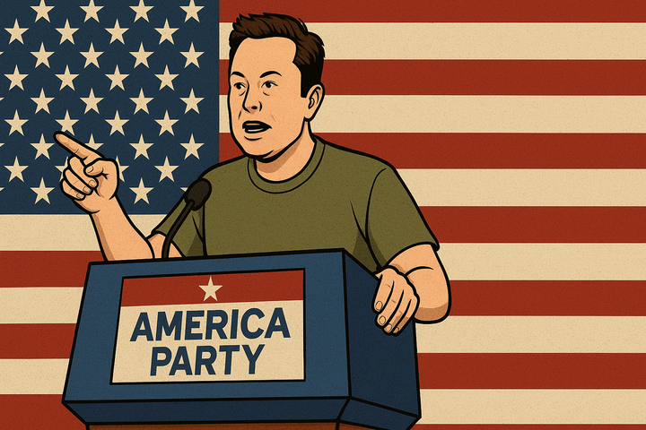 Cartoon-style illustration of Elon Musk in a T-shirt speaking at a podium labeled "America Party," with an American flag backdrop.