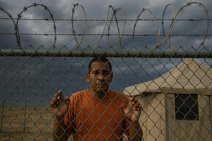 A man with a tense expression grips a chain-link fence topped with razor wire at a detention camp, with a tent in the background under a cloudy sky.