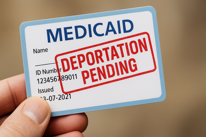 A realistic Medicaid card held in a person’s hand, stamped in red with the words “DEPORTATION PENDING” across it.