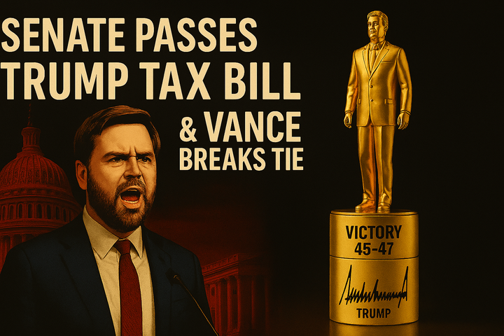 J.D. Vance breaking a Senate tie beside a gold Trump perfume bottle labeled “Victory 45-47,” with Capitol dome in background