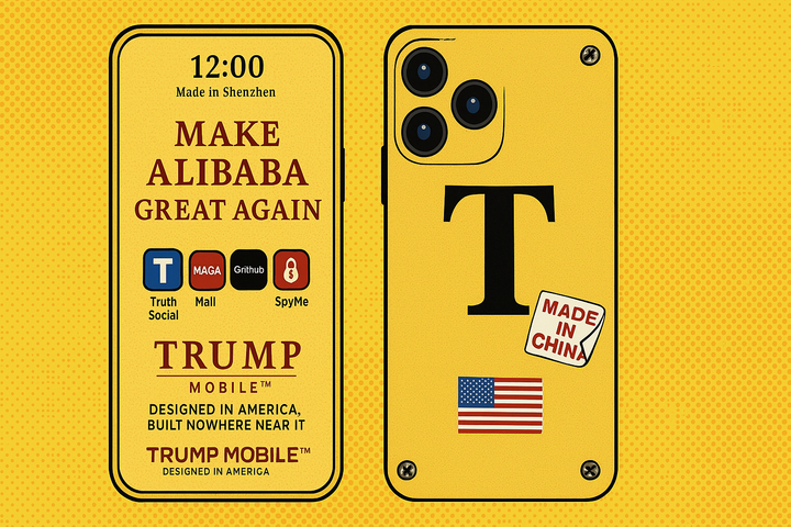 Satirical image of a gold Trump-branded phone showing slogans like “Make Alibaba Great Again” and “Designed in America, Built Nowhere Near It.”