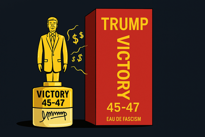 Golden perfume bottle shaped like Donald Trump’s head labeled "Victory 45-47"