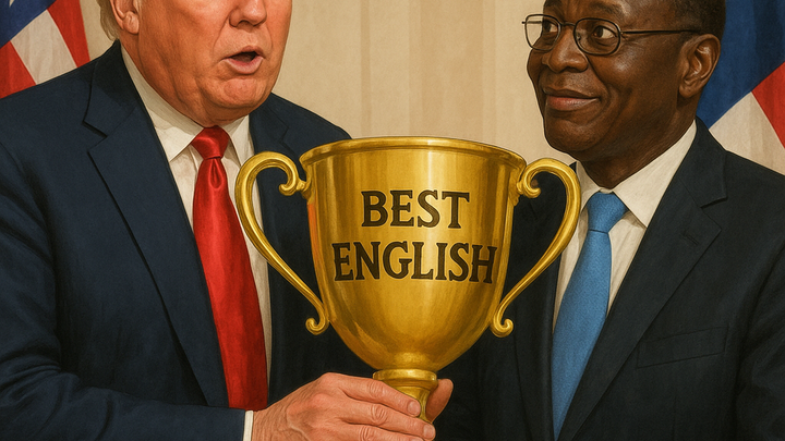 Trump handing Liberia’s president a giant gold “Best English” trophy with confused expression