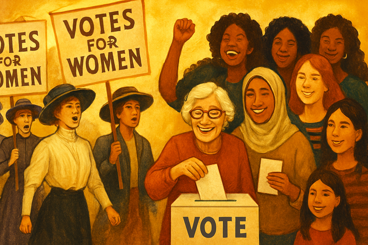 Illustration of suffragists marching for the 19th Amendment alongside modern diverse women celebrating the right to vote.