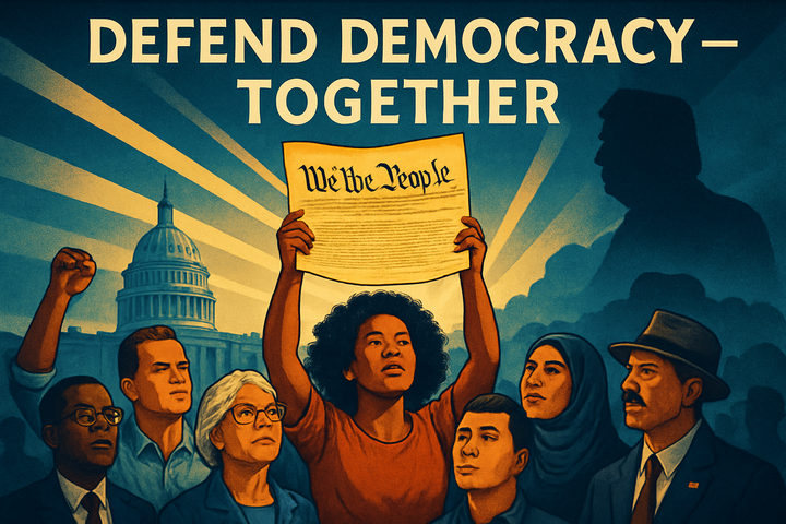 Illustration of Americans from all walks of life standing together at the Capitol, holding the Constitution to defend democracy against authoritarian threats.