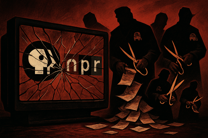 A shattered television showing PBS and NPR logos, surrounded by Republican officials cutting funding documents.
