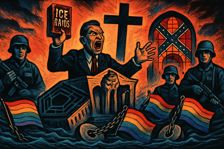 Cartoon of Pete Hegseth’s pastor calling for public executions and ICE raids, with Pentagon imagery and Confederate symbolism.