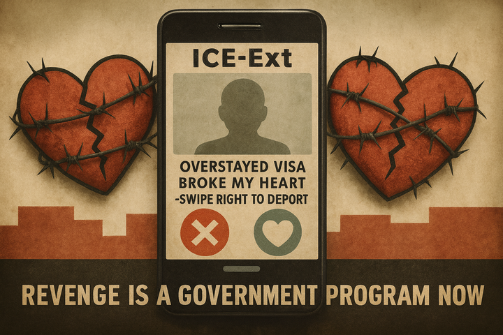 Satirical image of fake dating app "ICE-Ext" with profile text “Overstayed Visa Broke My Heart – Swipe Right to Deport,” flanked by barbed-wire hearts and bold slogan.