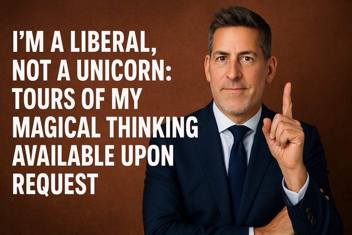 Satirical image of a liberal man in a suit exposing conservative myths with bold text: “I’m a liberal, not a unicorn. Tours of my magical thinking available upon request.”