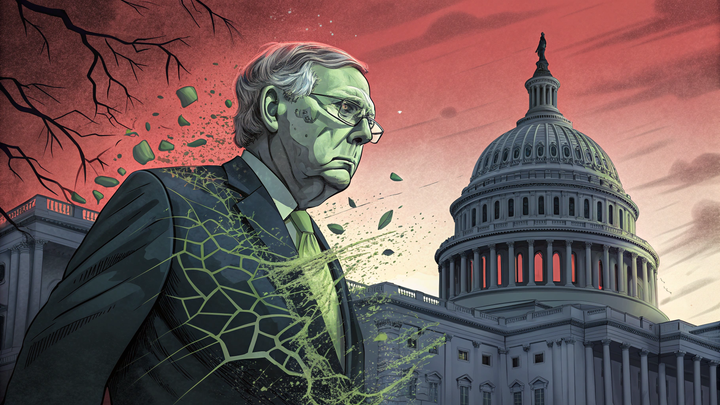 Political cartoon of Mitch McConnell cracking and disintegrating in front of the U.S. Capitol, symbolizing his retirement and political downfall.