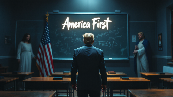 Dystopian classroom with MAGA and religious imagery replacing educational norms, symbolizing Oklahoma’s “America First” teacher test.