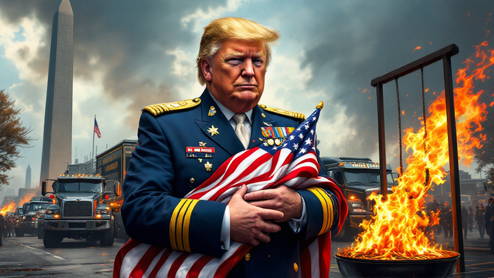 Cartoon satire of Trump as wannabe dictator hugging U.S. flag, with National Guard in D.C., a death-penalty gallows, and a flag burning in the background — polyester patriotism run amok.