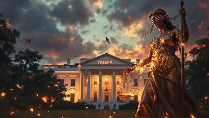 Trump, Lady Justice burning in golden authoritarian White House scene