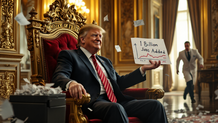 Trump on golden throne destroying job reports that make him look bad