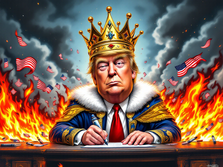 Satirical cartoon of Donald Trump dressed as a king signing an executive order with a giant crayon while American flags burn in the background, symbolizing free speech crackdown.