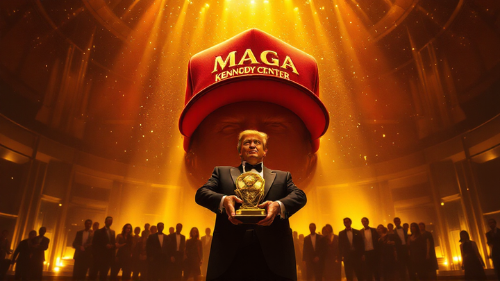 Donald Trump in a tuxedo holding a gold award at the Kennedy Center, under a giant MAGA hat backdrop labeled “Kennedy Center.”