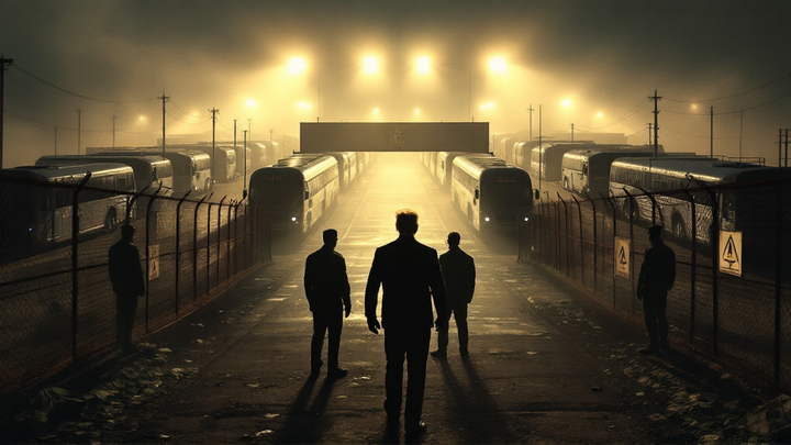 Silhouetted figures approach rows of idling buses under bright floodlights at a fenced military base, evoking a large-scale deportation operation.