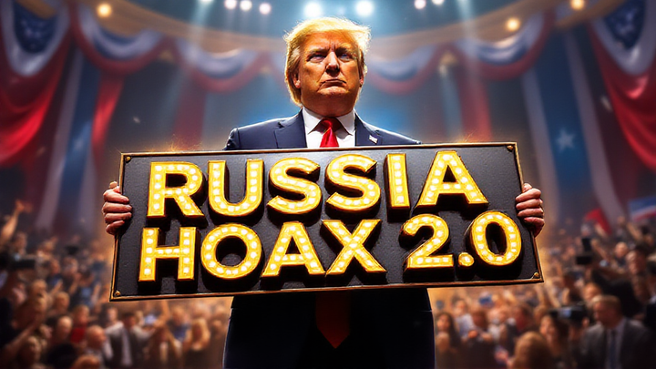 Donald Trump holding a glowing sign that says “Russia Hoax 2.0” at a political rally, referencing his 2025 DOJ investigation into the origins of the Russia probe