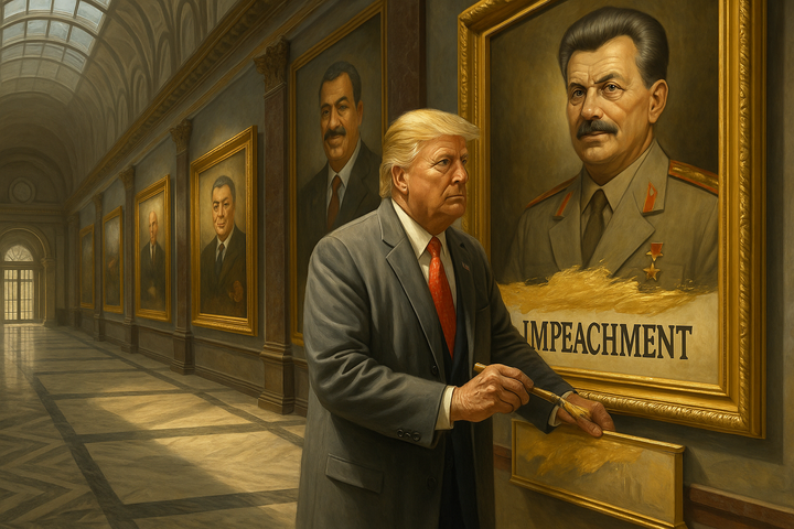 Donald Trump in a lavish museum painting over the word “impeachment” on a portrait of a dictator, with other authoritarian leaders’ portraits lining the gallery walls.
