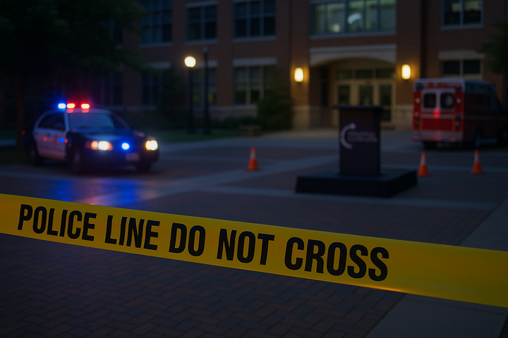 Police tape and flashing emergency lights at Utah Valley University after the Charlie Kirk shooting.