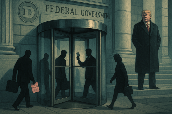 Editorial illustration of Donald Trump overseeing a revolving door of federal employees outside a U.S. government building, symbolizing DOGE government chaos and the Rehire Circus.