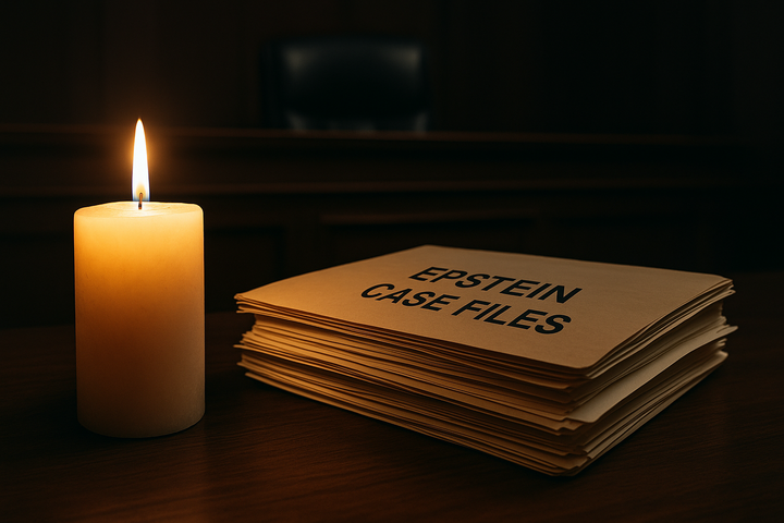 Editorial image of a candle illuminating Epstein case files on a courtroom table, representing justice, transparency, and solidarity with survivors.