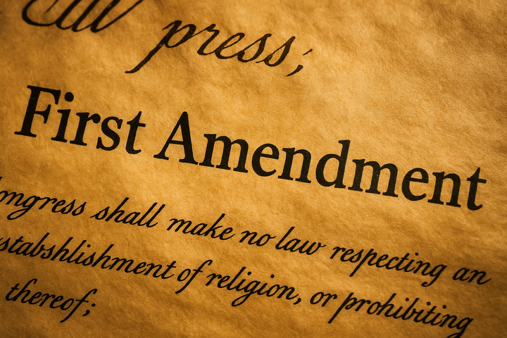 Close-up of the U.S. Constitution’s First Amendment with the words “Congress shall make no law,” symbolizing free speech debates over Trump lawsuit and GOP censorship.
