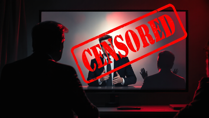 Jimmy Kimmel TV screen with “CENSORED” stamp, symbolizing First Amendment attack under Trump pressure.