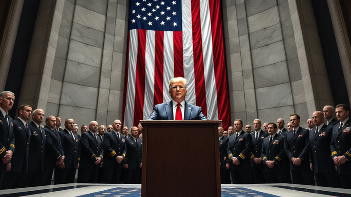 Donald Trump addresses silent U.S. generals inside the Pentagon, symbolizing the dangerous politicization of America’s military leadership.