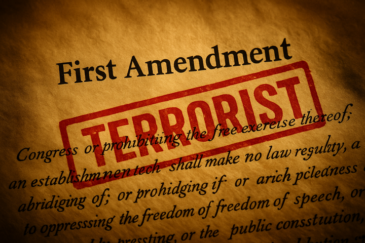Constitution’s First Amendment stamped with “Terrorist” label, symbolizing Trump’s plan to criminalize dissent.