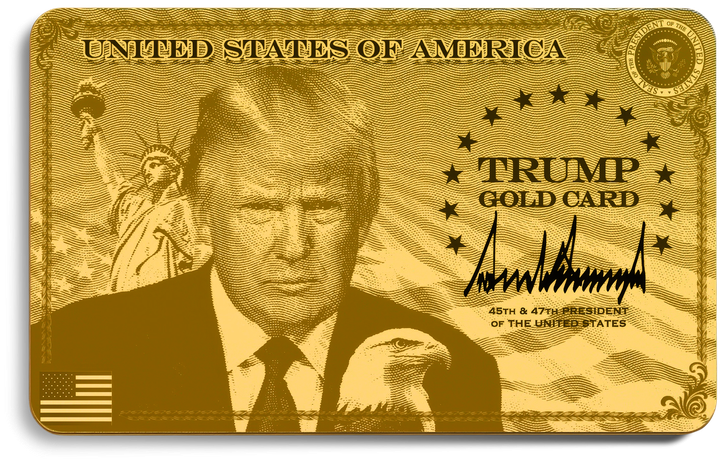 A gold TrumpCard featuring Donald Trump’s face, the Statue of Liberty, and an eagle, symbolizing a dictatorship-style immigration visa.