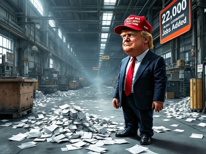 Donald Trump in a red “Trump Was Right About Everything” hat stands beside a shrinking jobs chart labeled 22,000, with piles of pink slip notices at his feet.