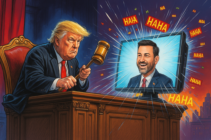 Donald Trump cartoon threatening Jimmy Kimmel on TV with a gavel
