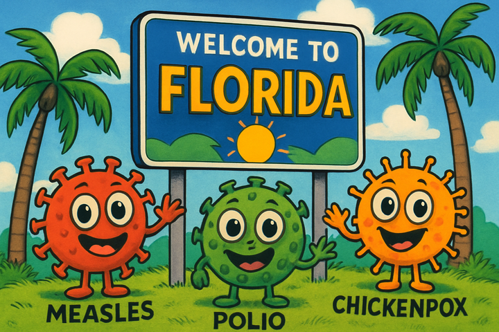 Cartoon viruses waving next to a ‘Welcome to Florida’ sign, symbolizing Ron DeSantis ending childhood vaccine mandates.