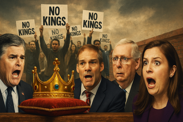 Surreal satirical collage showing Republican politicians panicking around a golden crown as protesters behind them hold “No Kings” signs, symbolizing fear of democracy versus monarchy.