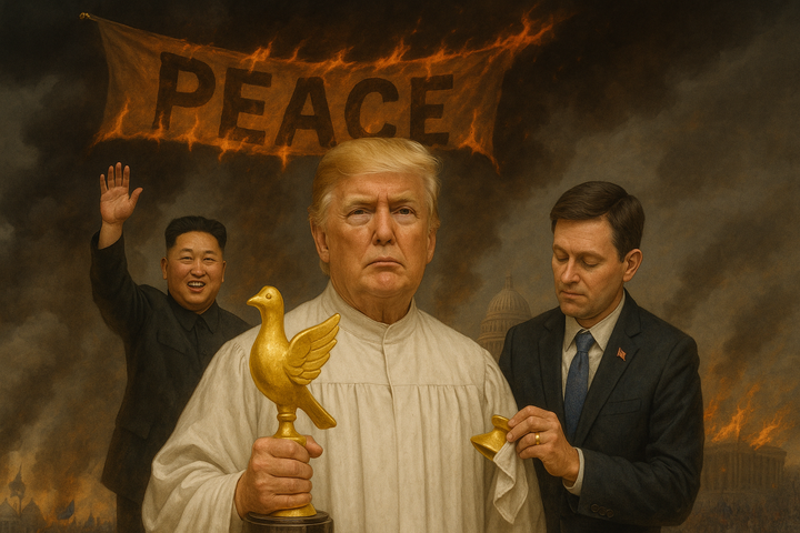 Satirical image of Donald Trump accepting a fake Nobel Peace Prize while chaos unfolds behind him, symbolizing irony and hypocrisy in global politics.