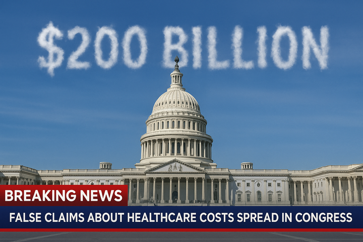 Breaking News banner showing the U.S. Capitol with “$200 Billion” in the sky, highlighting false GOP claims about healthcare funding for undocumented immigrants.