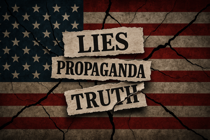 Symbolic image of America divided by lies and propaganda with torn headlines and a fractured flag.