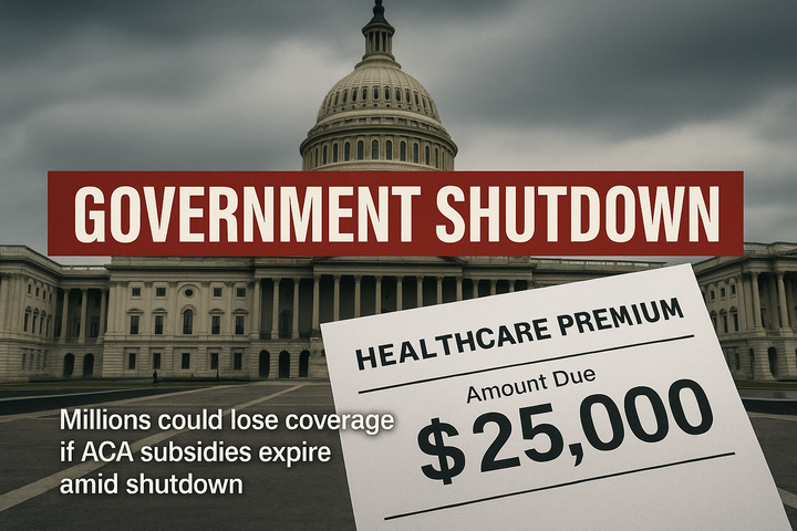 News-style image of the U.S. Capitol with a “Government Shutdown” banner and a $25,000 healthcare bill, highlighting the risk of rising costs if ACA subsidies expire.